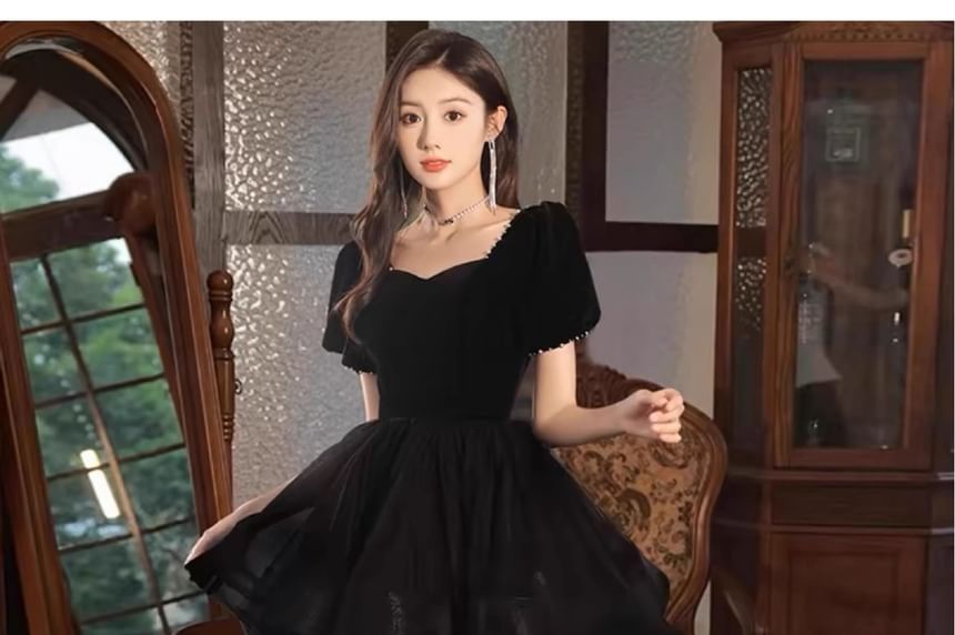 Plain Evening Mesh A-Line Gown Panel Short-Sleeve Tiered