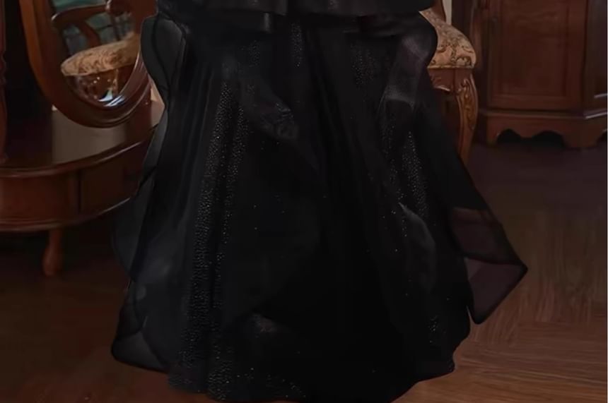 Plain Evening Mesh A-Line Gown Panel Short-Sleeve Tiered