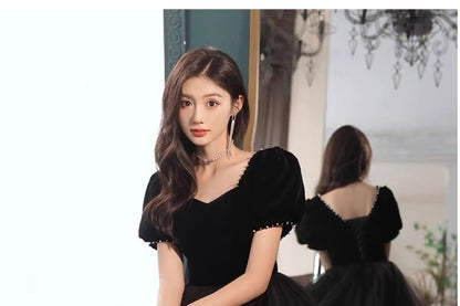 Plain Evening Mesh A-Line Gown Panel Short-Sleeve Tiered