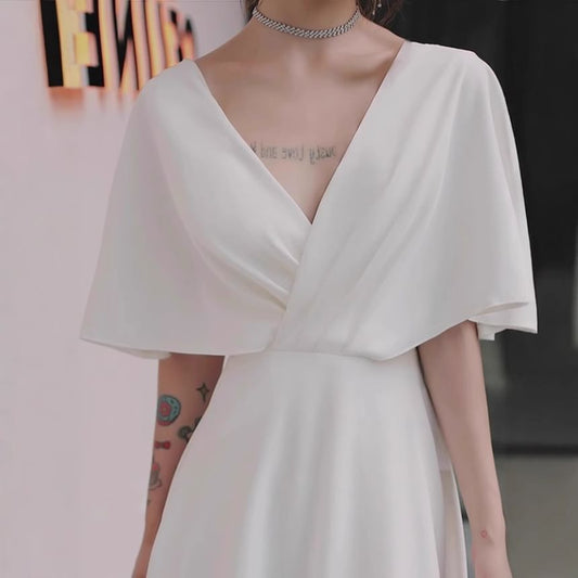 Short-Sleeve V-Neck Plain Evening Dress (Various Designs)