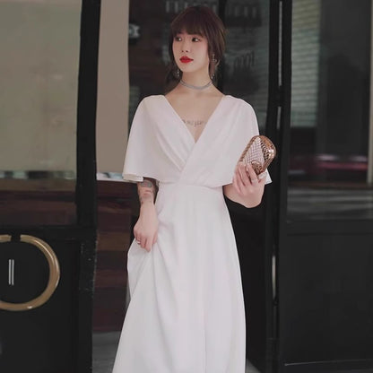 Short-Sleeve V-Neck Plain Evening Dress (Various Designs)