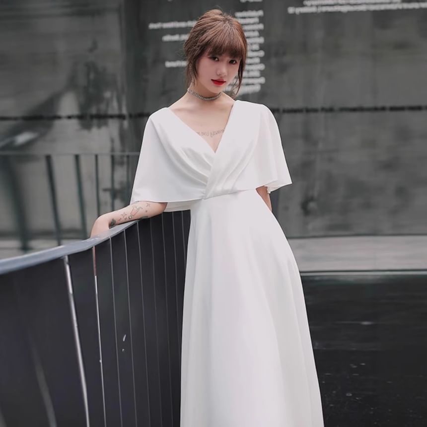 Short-Sleeve V-Neck Plain Evening Dress (Various Designs)