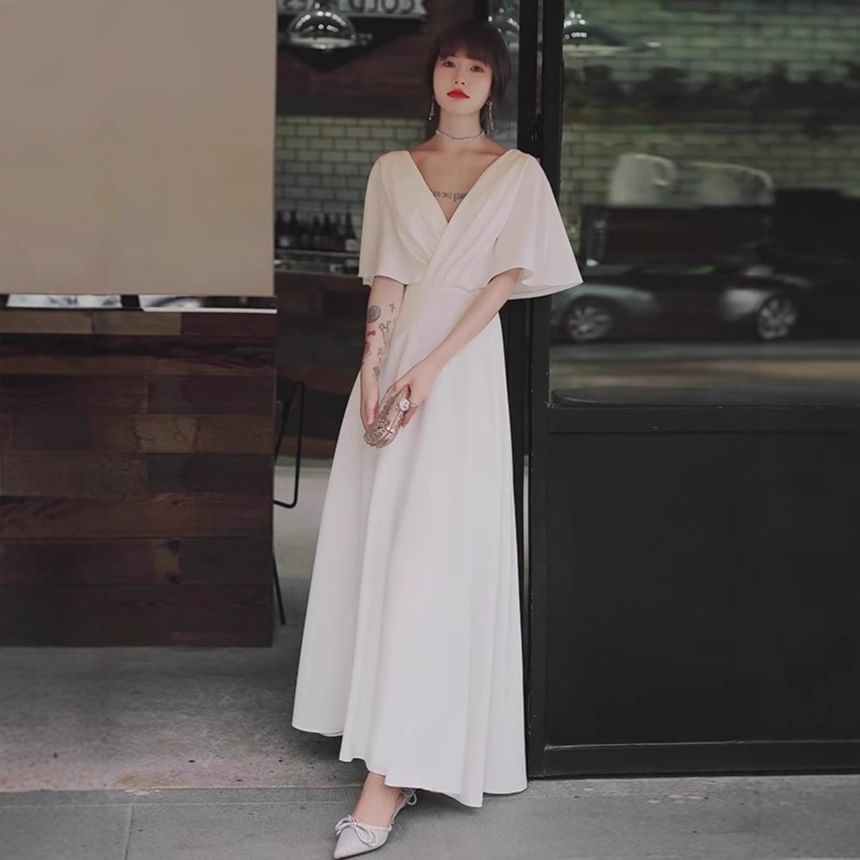 Short-Sleeve V-Neck Plain Evening Dress (Various Designs)