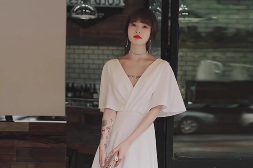 Short-Sleeve V-Neck Plain Evening Dress (Various Designs)
