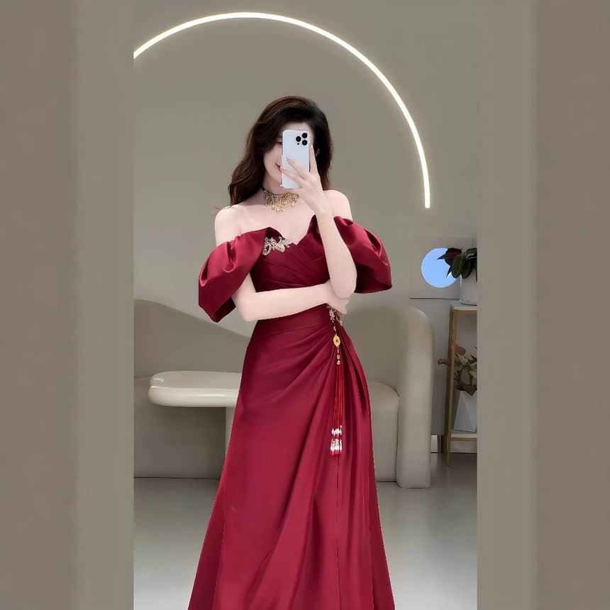 Puff-Sleeve Off-Shoulder Ruched Tassel A-Line Evening Gown