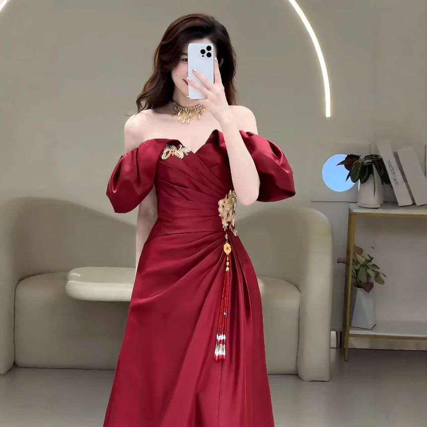 Puff-Sleeve Off-Shoulder Ruched Tassel A-Line Evening Gown