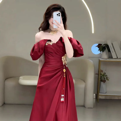 Puff-Sleeve Off-Shoulder Ruched Tassel A-Line Evening Gown