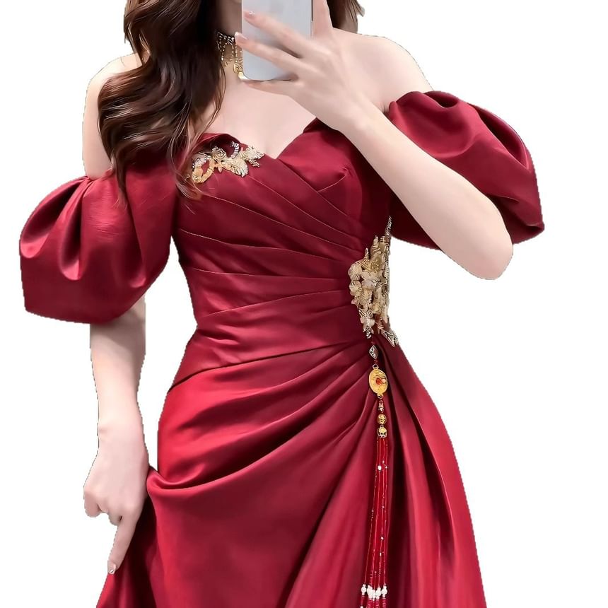 Puff-Sleeve Off-Shoulder Ruched Tassel A-Line Evening Gown
