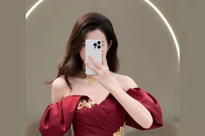Puff-Sleeve Off-Shoulder Ruched Tassel A-Line Evening Gown