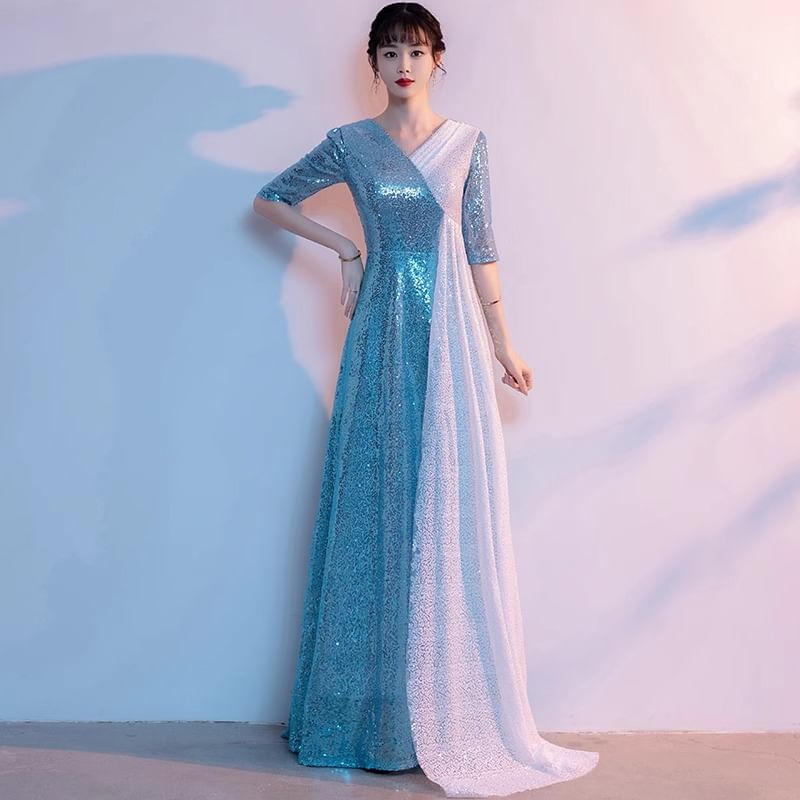 Elbow-Sleeve V-Neck Two Tone Sequin Slit A-Line Evening Gown