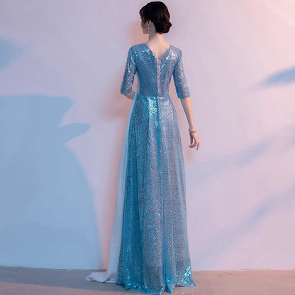 Elbow-Sleeve V-Neck Two Tone Sequin Slit A-Line Evening Gown