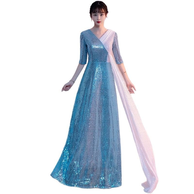 Elbow-Sleeve Gown Evening Tone A-Line Sequin V-Neck Slit Two