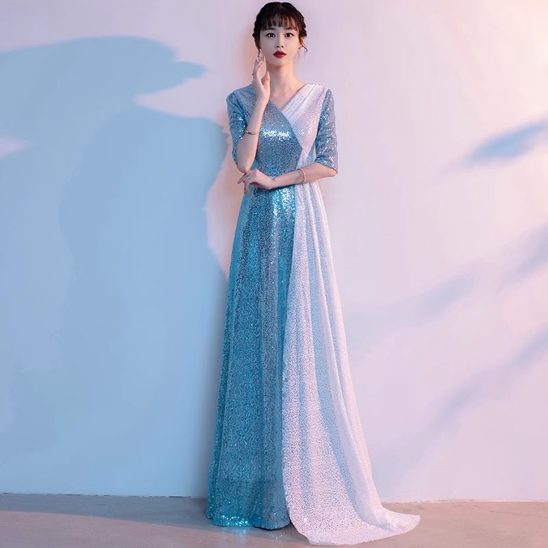 Elbow-Sleeve V-Neck Two Tone Sequin Slit A-Line Evening Gown