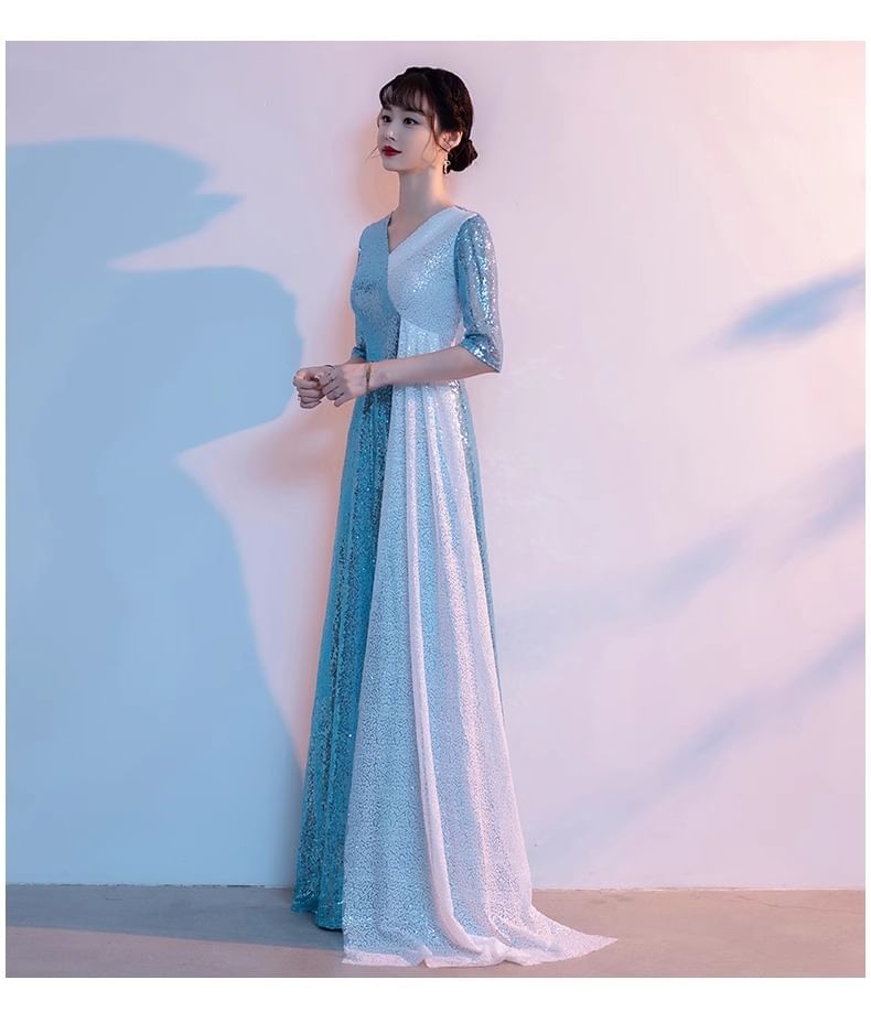 Elbow-Sleeve V-Neck Two Tone Sequin Slit A-Line Evening Gown