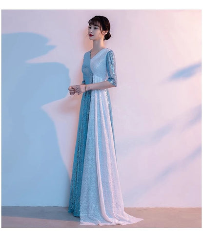 Elbow-Sleeve V-Neck Two Tone Sequin Slit A-Line Evening Gown