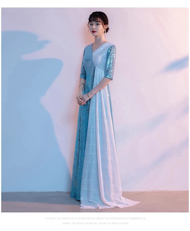 Elbow-Sleeve V-Neck Two Tone Sequin Slit A-Line Evening Gown