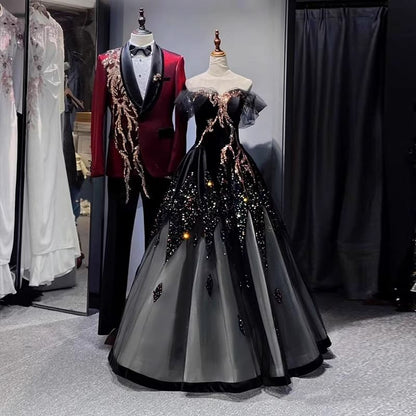 A-Line Off-Shoulder Panel Mesh Gown Evening Sequin