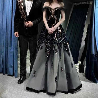 A-Line Off-Shoulder Panel Mesh Gown Evening Sequin