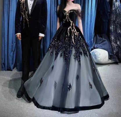 A-Line Off-Shoulder Panel Mesh Gown Evening Sequin