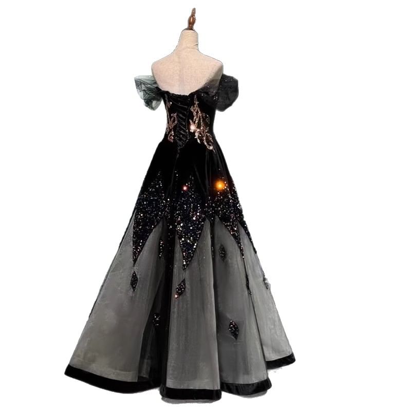 A-Line Off-Shoulder Panel Mesh Gown Evening Sequin