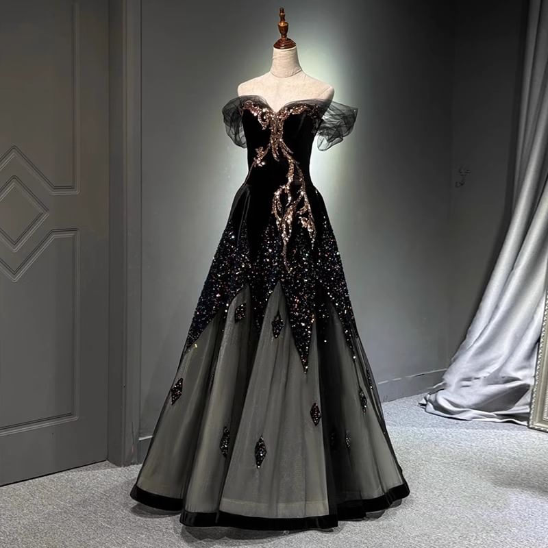 A-Line Off-Shoulder Panel Mesh Gown Evening Sequin