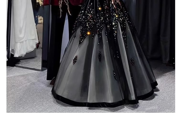 A-Line Off-Shoulder Panel Mesh Gown Evening Sequin