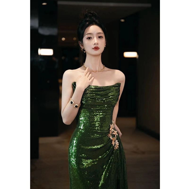 Plain Sequin Ruched Sheath Tube Evening Gown