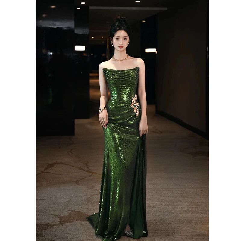 Plain Sequin Ruched Sheath Tube Evening Gown