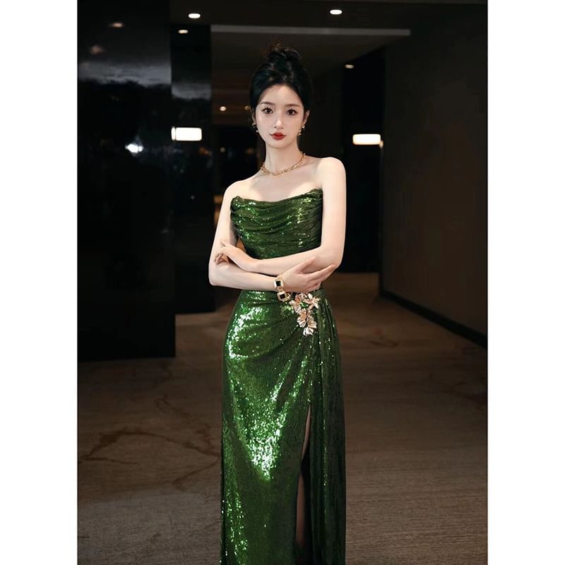 Plain Sequin Ruched Sheath Tube Evening Gown