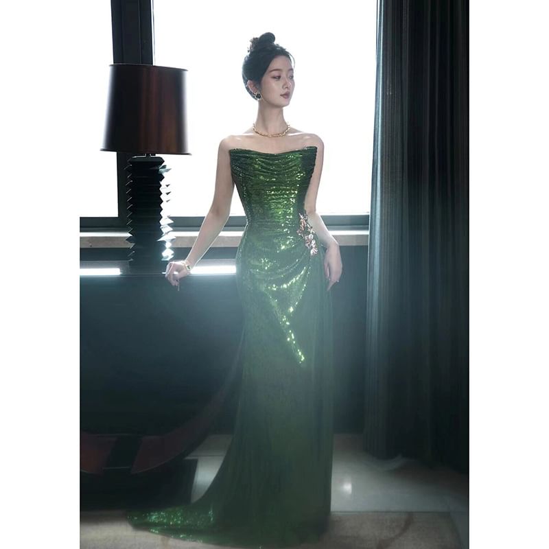 Plain Sequin Ruched Sheath Tube Evening Gown
