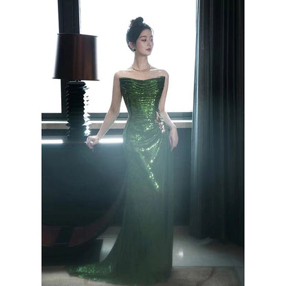 Plain Sequin Ruched Sheath Tube Evening Gown