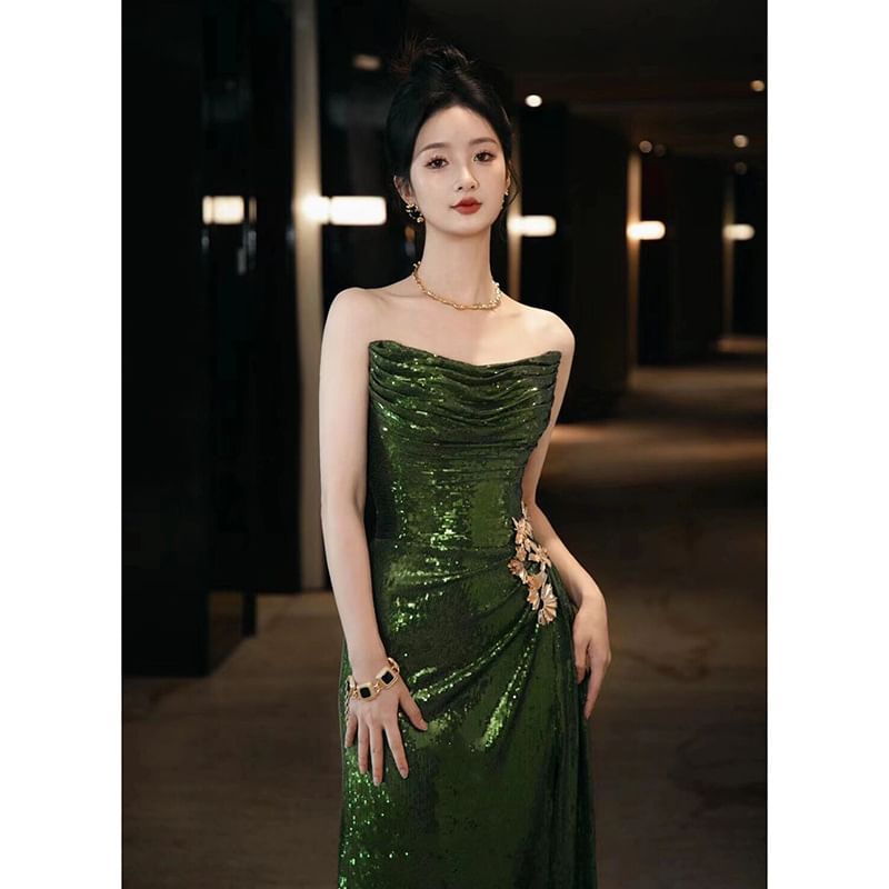 Plain Sequin Ruched Sheath Tube Evening Gown