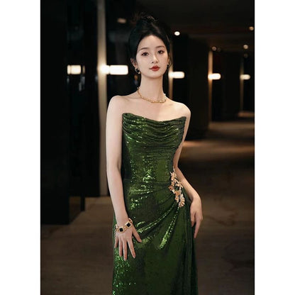 Plain Sequin Ruched Sheath Tube Evening Gown