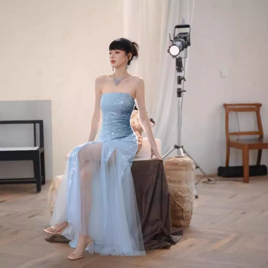 Sequin Ruched Slit Panel Mesh Trumpet Tube Evening Dress