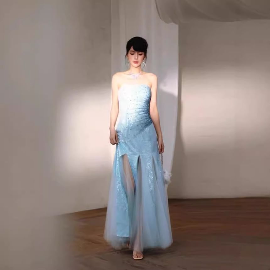 Sequin Ruched Slit Panel Mesh Trumpet Tube Evening Dress