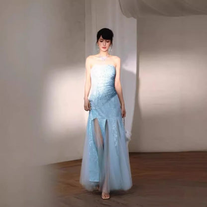 Sequin Ruched Slit Panel Mesh Trumpet Tube Evening Dress