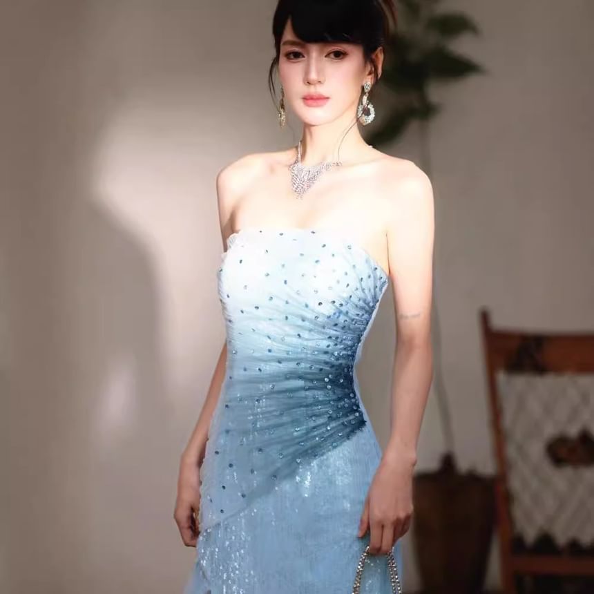 Sequin Ruched Slit Panel Mesh Trumpet Tube Evening Dress