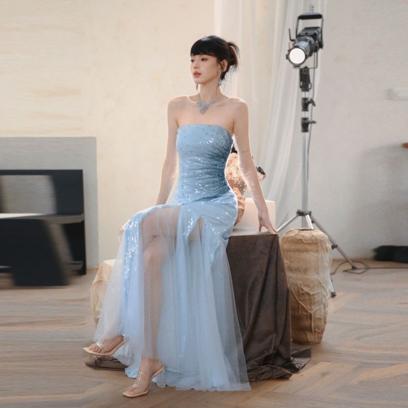 Sequin Ruched Slit Panel Mesh Trumpet Tube Evening Dress