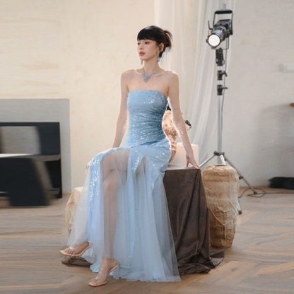 Sequin Ruched Slit Panel Mesh Trumpet Tube Evening Dress