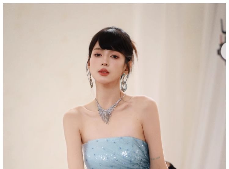 Sequin Ruched Slit Panel Mesh Trumpet Tube Evening Dress