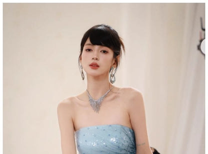 Sequin Ruched Slit Panel Mesh Trumpet Tube Evening Dress