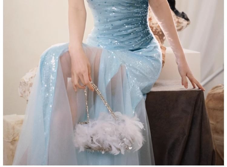 Sequin Ruched Slit Panel Mesh Trumpet Tube Evening Dress