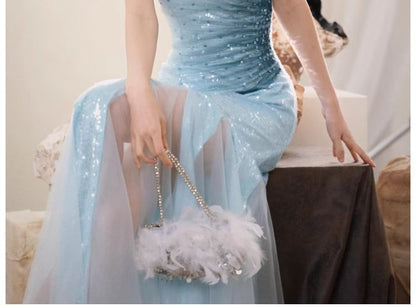 Sequin Ruched Slit Panel Mesh Trumpet Tube Evening Dress