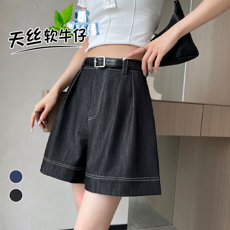 High Waist Contrast Stitched Wide Leg Denim Shorts