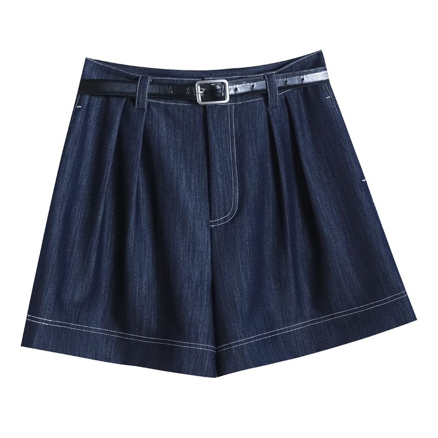 High Waist Contrast Stitched Wide Leg Denim Shorts