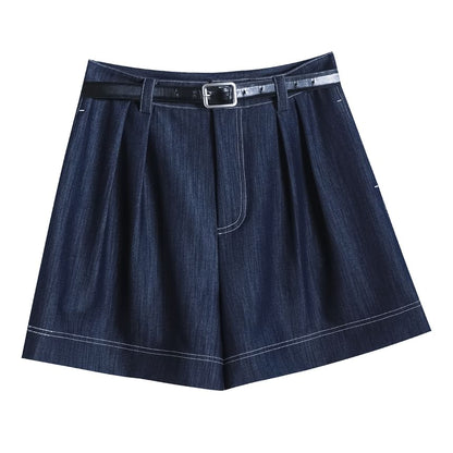 High Waist Contrast Stitched Wide Leg Denim Shorts