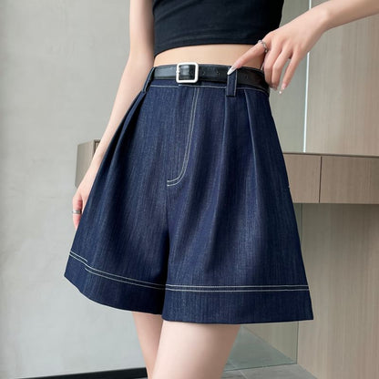 High Waist Contrast Stitched Wide Leg Denim Shorts