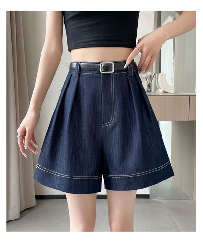 High Waist Contrast Stitched Wide Leg Denim Shorts
