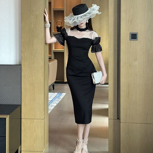 Short-Sleeve Crew Neck Dot Sheer Panel Midi Bodycon Dress