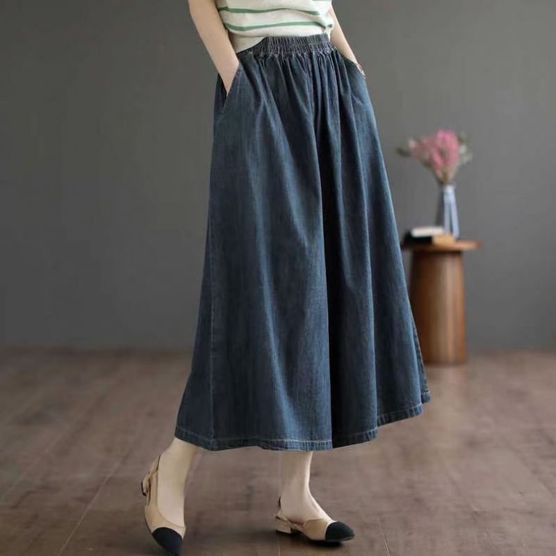 Elastic Waist Denim Cropped Culottes